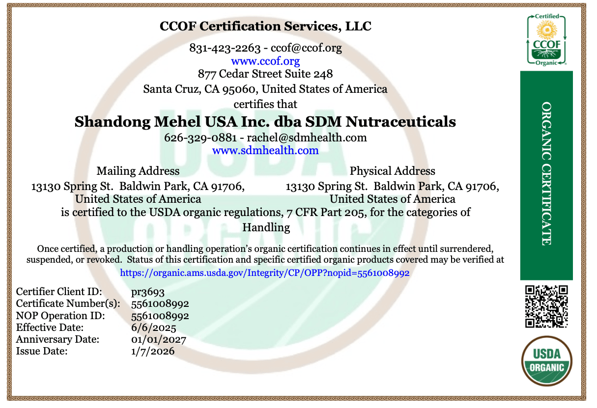 Open the CCOF organic certificate at full size